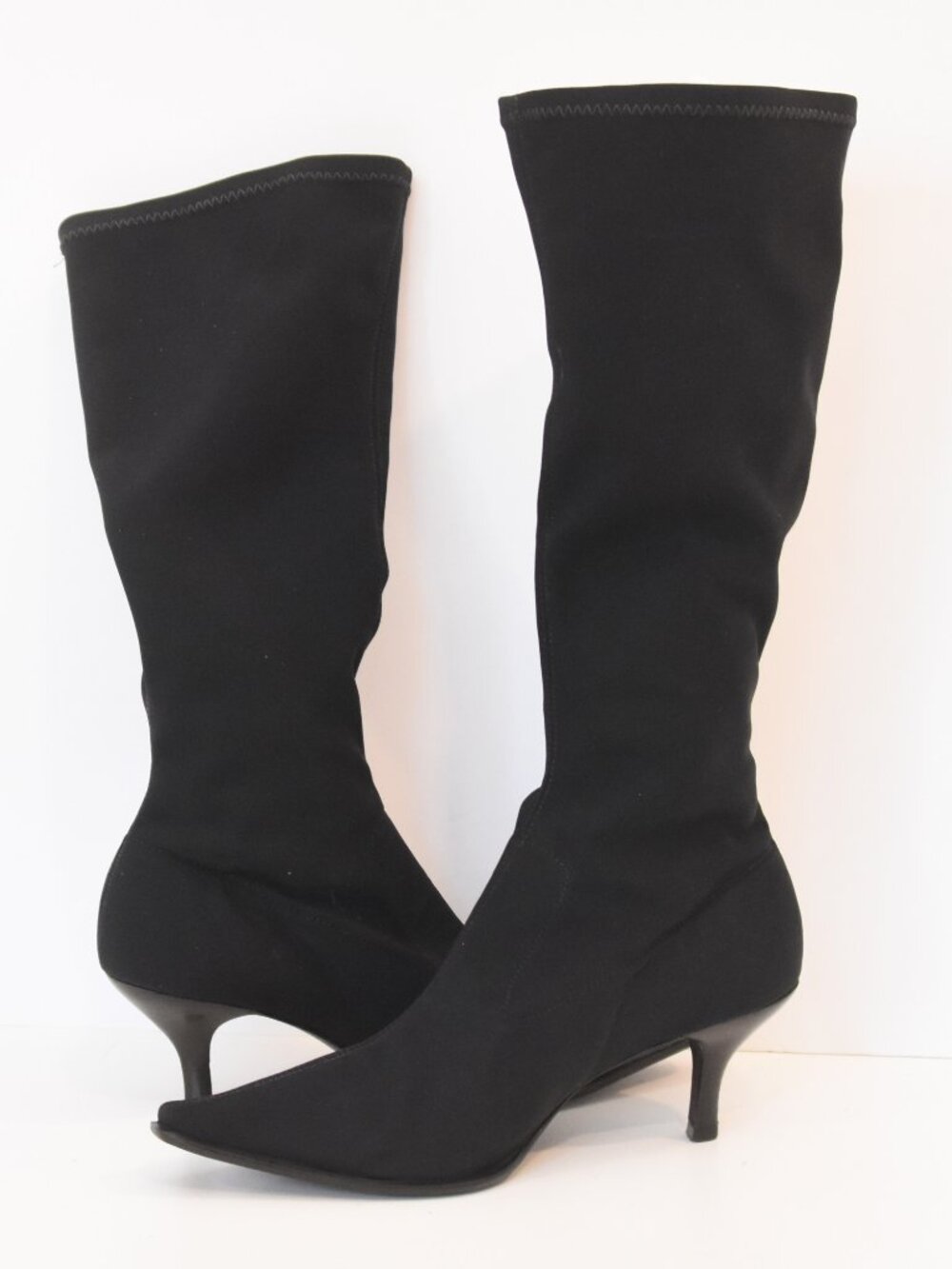 Donald J Pliner Blk Stretch Fabric Mid Calf Sock Boot Pointed Toe Kitten Heel 8M